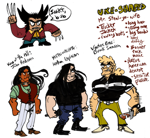 a drawing comparing John Redcorn from King of the Hill, Nathan Explosion from Metalocalypse, Brock Samson from Venture Bros, and Wolverine from X-Men. The traits I have listed are: Long hair Strong nose Big boobs Baby Daddy Boomer Rock Music Native American descent Sensitive Prostate Trucker jacket and cowboy boots